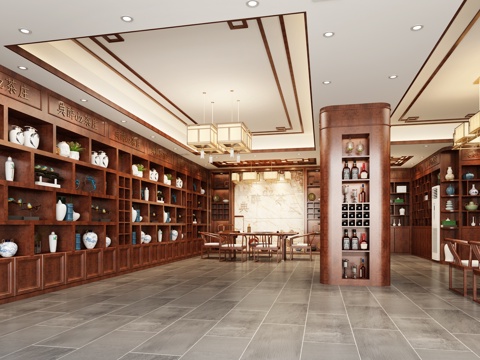  新中式酒馆 酒柜 吊灯 餐桌椅3d模型 