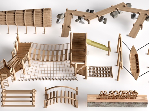 现代户外儿童游乐设施 无动力游乐设施 乡村研学游乐设施su模型