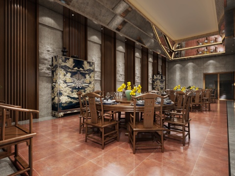  新中式餐厅包间 餐桌椅 边柜3d模型 