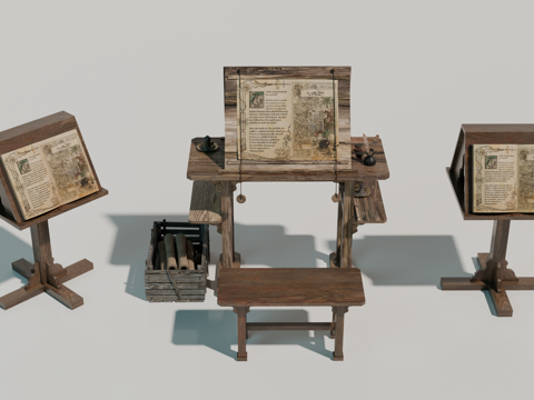 中世纪画桌 复古画架 画板 中世纪书桌su模型