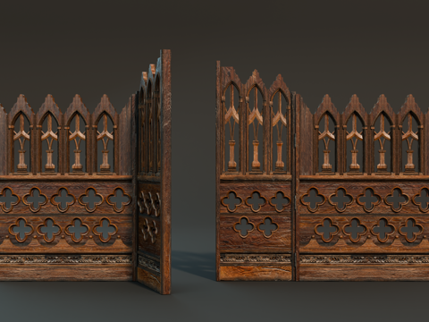 中世纪屏风 复古屏风 哥特式屏风 隔断围栏 欧式木门su模型