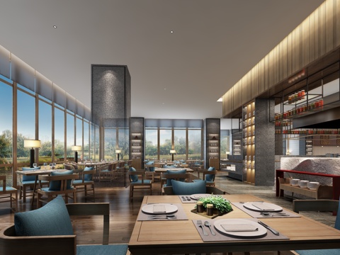  现代自助餐厅 酒店餐厅 卡座 桌椅 吊灯 餐台3D模型下载3d模型 