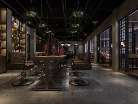  工业风理发店 理发镜 椅子3d模型 