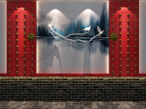  新中式背景墙3d模型 