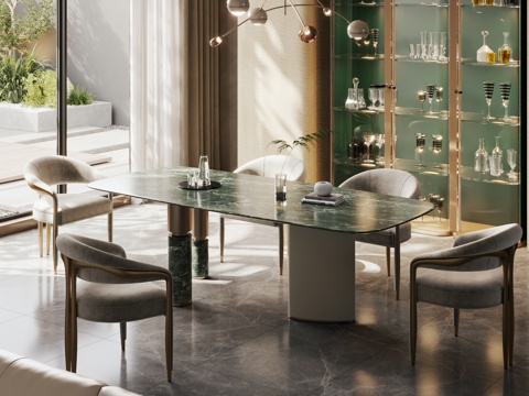  现代轻奢餐桌椅 意式轻奢餐桌椅 大理石餐桌 条桌3d模型 