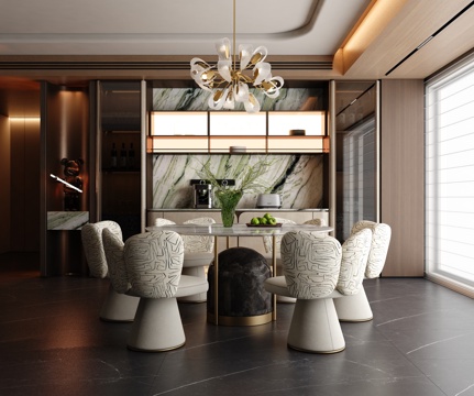  现代轻奢餐厅 轻奢圆餐厅 意式轻奢圆餐桌椅3d模型 