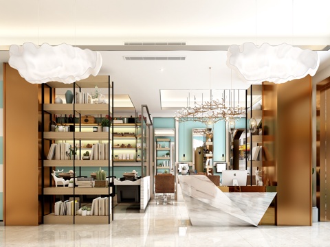  现代北欧理发店 吊灯 理发椅 镜子 书柜3d模型 