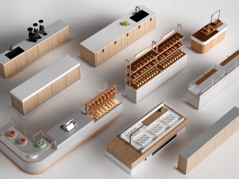 现代咖啡吧台 甜品店货架 收银台 服务台su模型