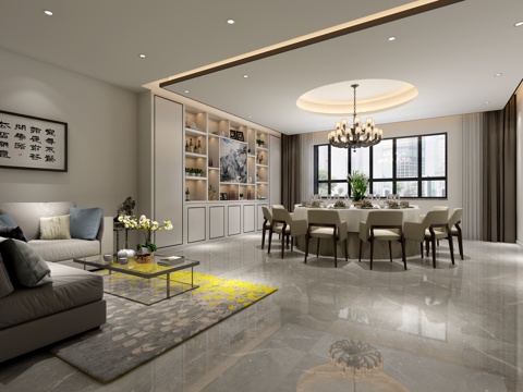  新中式餐厅 电视柜 装饰画 餐桌椅 吊灯 展示柜 沙发 茶几3d模型 