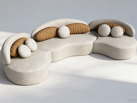 现代简约弧形沙发 浅灰色绒布 慵懒风 客厅主沙发su模型