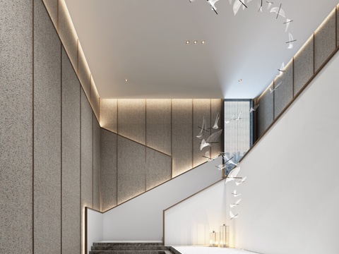  新中式楼梯水晶吊灯沙池3d模型 