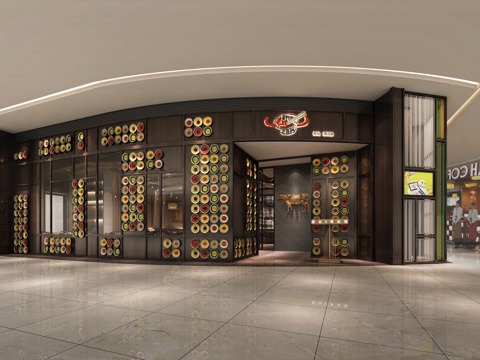  新中式餐厅门头 前台接待区3d模型 