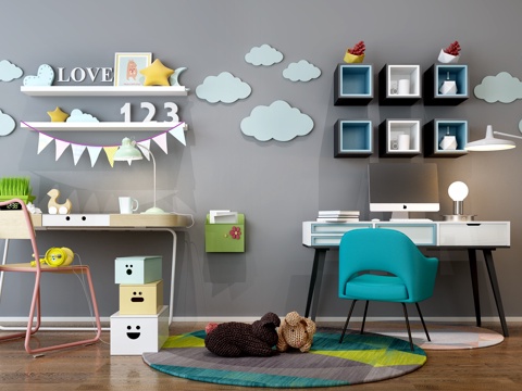  现代书桌 墙饰 地毯 椅子3d模型 