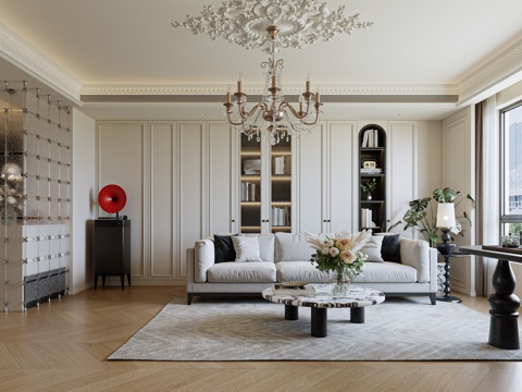  法式复古客厅 法式背景柜 玻璃隔断 唱片机 法式吊灯 法式复3d模型 