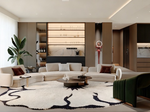  现代简约大平层客厅 沙发茶几组合 地毯 装饰柜3d模型 