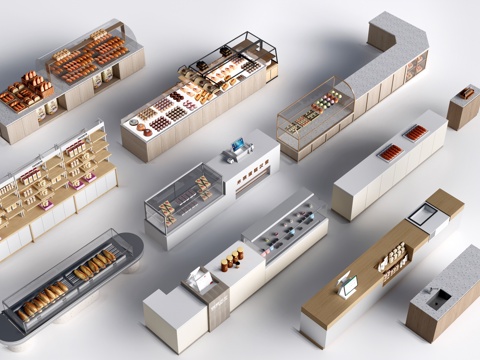  现代咖啡吧台 甜品店货架 收银台 服务台su模型 