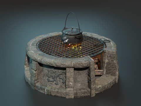 中世纪火炉 复古烤炉 烤架 火堆 石头围炉su模型