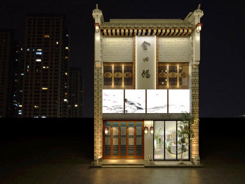  中式门头 夜景3d模型 