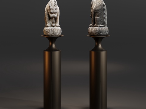  现代中式雕塑石狮3d模型 