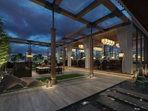  新中式餐厅 落地灯 沙发 椅子 隔断 竹子 地灯 吊灯 瓦片3d模型 