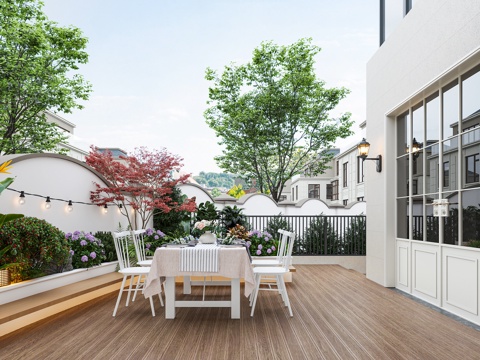  现代庭院 庭院景观 花坛 别墅院子 休闲桌椅 壁灯 防腐木3d模型 