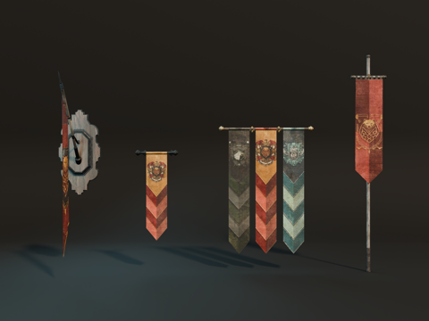 中世纪旗帜 复古旗帜 欧式旗帜 竖旗 西方古代旗子su模型