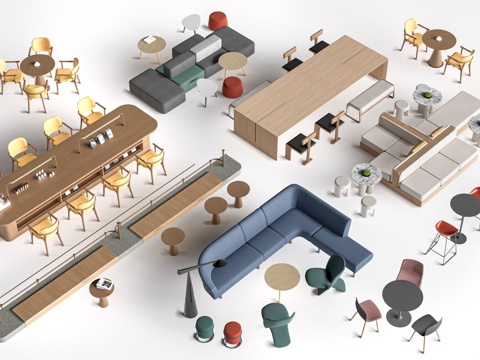 现代休闲桌椅 休闲沙发 茶水间桌椅su模型