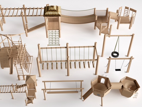 现代户外儿童游乐设施 无动力游乐设施 乡村研学游乐设施su模型