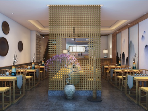  新中式餐饮店 餐桌椅 吊灯 墙饰3d模型 