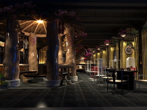  新中式餐厅 餐桌椅 柱子3d模型 