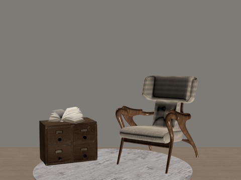 中古风木椅 休闲椅 侘寂单人椅 边几su模型