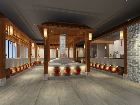  传统中式屋檐 青瓦 水泥 柱子 酒坛 灯笼3d模型 