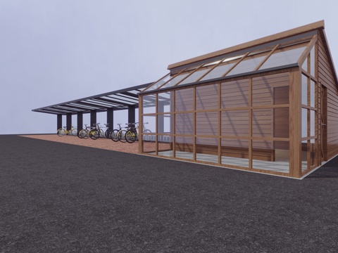  现代室外自行车车库车棚3d模型 