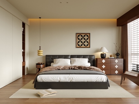  现代卧室 双人床 边柜3d模型 