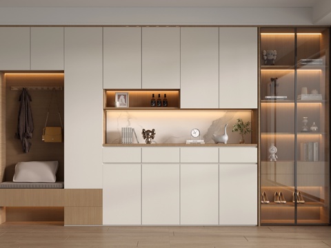 现代鞋柜酒柜一体柜 多功能式鞋柜 装饰柜 饰品摆件su模型