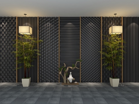  新中式瓦背景墙 新中式瓦片造型墙 新中式瓦片形象墙 新中3d模型 