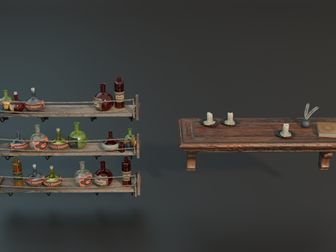 中世纪隔板 墙柜 墙架 多层墙架 药瓶su模型