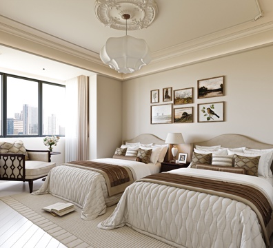  美式卧室 美式双人床 美式挂画 美式吊灯 美式台灯 美式单椅3d模型 