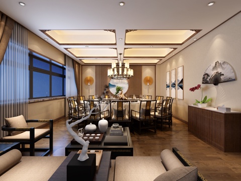  新中式餐厅包厢 餐桌椅 吊灯 挂画3d模型 