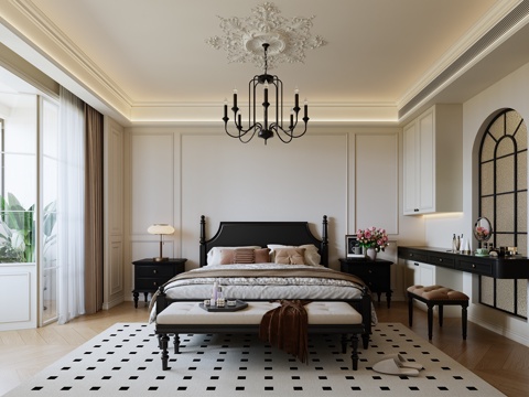  法式复古卧室 法式双人床 梳妆台 法式吊顶 法式玻璃门 吊灯3d模型 