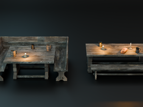 中世纪酒馆餐桌 多人餐桌 旅馆餐桌 复古餐桌 木桌长条凳长椅su模型