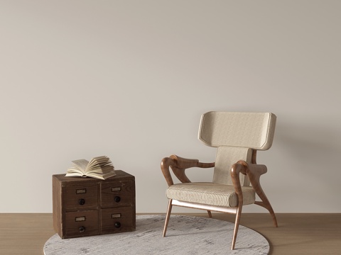  中古风木椅 休闲椅 侘寂单人椅 边几3d模型 