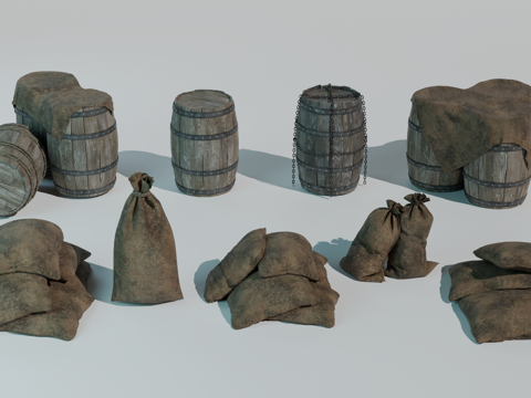 中世纪酒桶 木桶 麻袋 酒桶 货物su模型