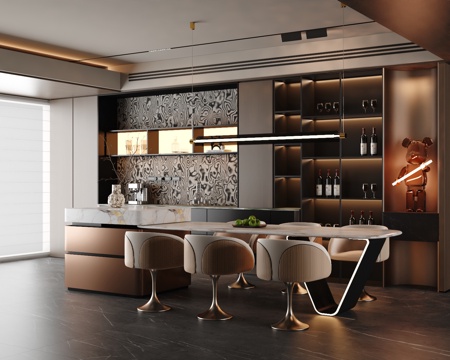  现代轻奢餐厅 意式岛台餐厅3d模型 
