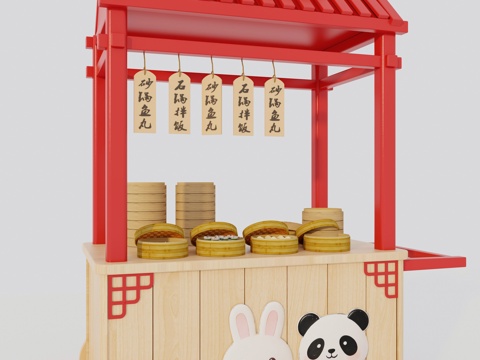  娃娃家中式摊位  手推车货架 新中式售卖车子 古式早餐车3d模型 