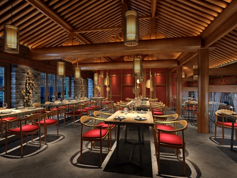  新中室餐厅 餐桌椅 餐具 吊灯 3D模型3d模型 