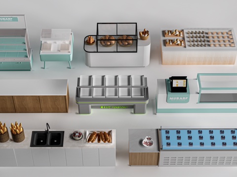  现代咖啡吧台 甜品店货架 收银台 服务台25su模型 