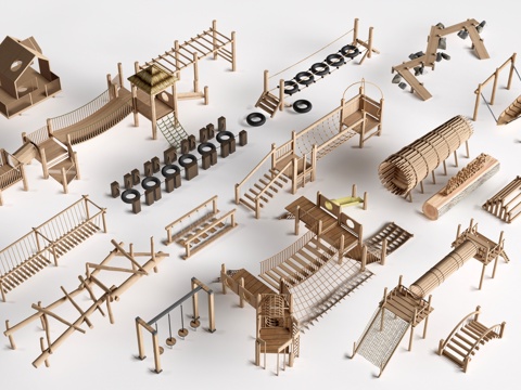 现代户外儿童游乐设施 无动力游乐设施 乡村研学游乐设施su模型