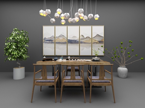  新中式茶桌茶艺挂画3d模型 