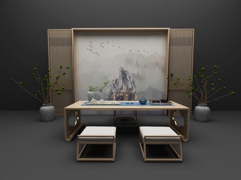 新中式茶桌茶艺挂画3d模型 